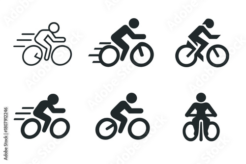 Cyclist Logo Variations. Person on bicycle. Icon set. Set Logo of person on bicycle: cyclist pedaling forward with dynamic motion lines. harmonious logo