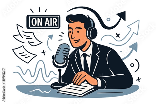 Radio Broadcast Vibes. Radio news anchor. A poised host leans into a vintage mic as the ?ON AIR? sign glows; waveform ribbons pulse across the desk. Headphones
