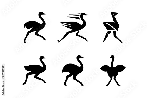 Ostrich Logos Collection. Ostriches. Icon set. Set Logo of ostriches: abstract emblem of ostrich speed, agility, and motion. harmonious logo variations of the