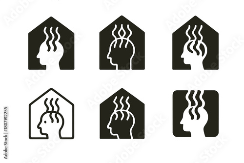 Overactive Mind Logos. Overactive mind in a peaceful, dark room. Icon set. Set Logo of overactive mind in a peaceful, dark room: dark room with glowing aura.