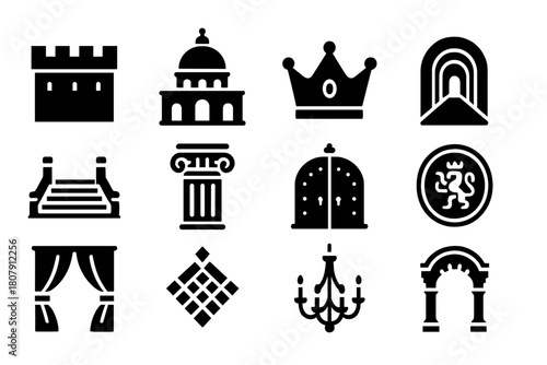 Royal Architecture Icons. Royal architecture. Solid icon set of Royal architecture: castle wall, palace dome, golden crown, arched hallway, grand staircase,