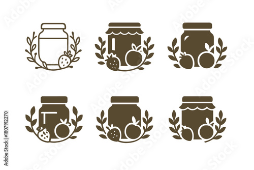 Homemade Jam Icon Set. Making your own homemade jam. Icon set. Set Logo of Homemade Jam: mason jar with fruit wreath decoration. harmonious logo variations of