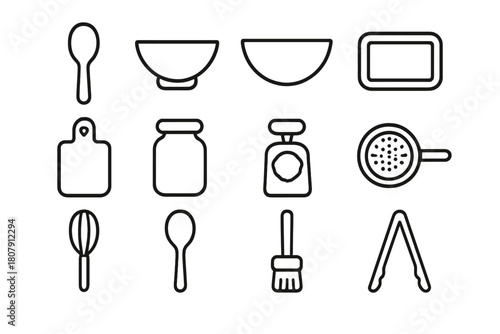 Kitchen Tool Icons. Preparation tools. Line icon set of preparation tools: spoon, knife, bowl, tray, chopping board, jar, jar opener, strainer, whisk, ladle,