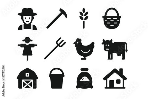 Peasant Icon Collection. Peasant. Solid icon set of Peasant: farmer, hoe, wheat, basket, scarecrow, pitchfork, chicken, cow, barn, bucket, sack of grain,