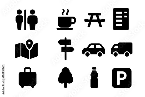 Rest Stop Icons. Rest stop amenities. Solid icon set of Rest stop amenities: restroom, coffee cup, picnic table, vending machine, map, road sign, car, truck,
