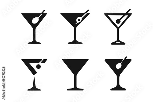 Alcoholic Beverage Icons. Alcoholic Beverages. Icon set. Set Logo of Alcoholic Drinks: champagne bottle and flute. harmonious logo variations of the same