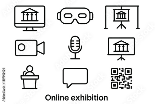 Online Exhibition Icons. Online exhibition. Line icon set of Online exhibition: computer monitor, VR headset, tablet, video camera, microphone, presentation