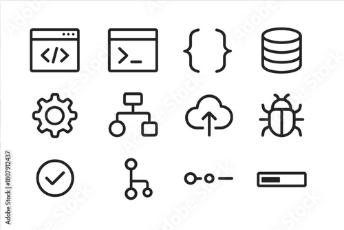 Software Development Icons. Software Development. Line icon set of Software Development: code editor, terminal window, brackets, database icon, gear,