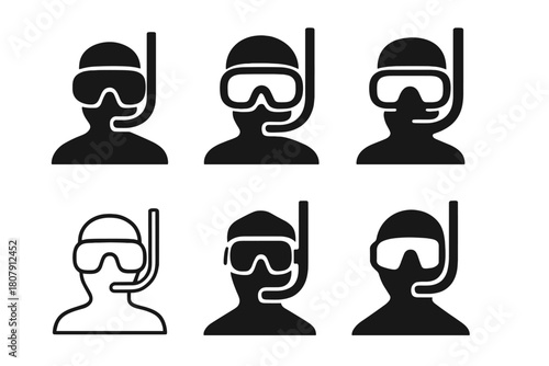 Snorkeling Mask Logos. Snorkeling mask. Icon set. Set Logo of Snorkeling mask: Mask strap detail. harmonious logo variations of the same emblematic concept,