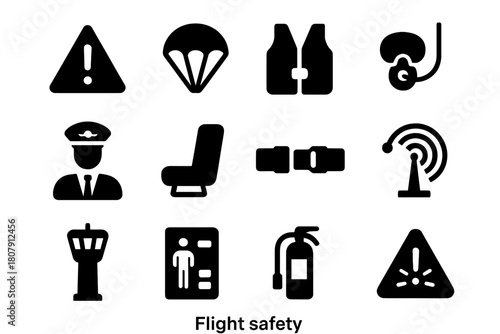 Flight Safety Icons. Flight safety. Solid icon set of Flight safety: warning triangle, parachute, life vest, oxygen mask, pilot, airplane seat, seatbelt,