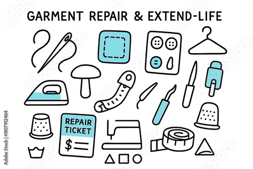 Garment Repair Tools. // Garment repair & extend-life. Hand-drawn doodle illustration garment repair & extend-life [needle & thread (accented), patch kit