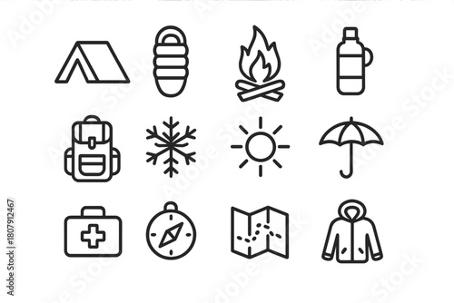 Extreme Survival Icons. Extreme weather survival. Line icon set of Extreme weather survival: tent, sleeping bag, fire, water bottle, backpack, snowflake, sun,