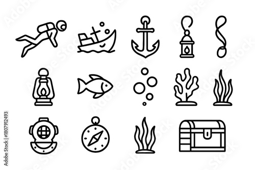 Shipwreck Diving Icons. Shipwreck diving. Line icon set of shipwreck diving: diver, shipwreck, anchor, rope, lantern, fish, coral, bubbles, helmet, compass,
