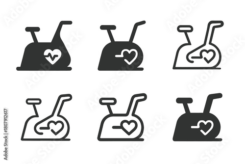 Exercise Bike Logos. exercise bike. Icon set. Set Logo of exercise bike: digital fitness bike with screen. harmonious logo variations of the same emblematic