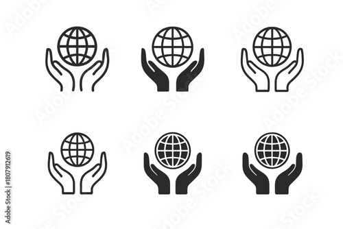 Moral Development Logos. Moral development. Icon set. Set Logo of Moral development: Hands holding globe. harmonious logo variations of the same emblematic
