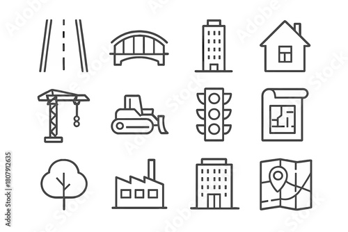 Infrastructure Growth Icons. Infrastructure growth. Line icon set of Infrastructure growth: road, bridge, skyscraper, house, construction crane, bulldozer,