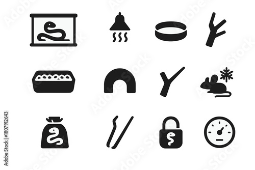 Pet Snake Icons. Pet Snakes. Solid icon set of Pet Snakes: terrarium, heating lamp, water dish, substrate, hiding cave, climbing branch, snake shedding,