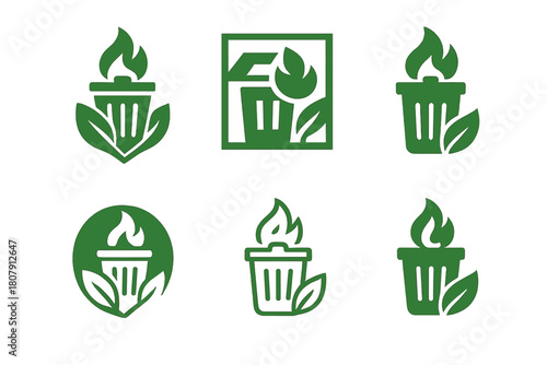 Waste Management Icons. waste management. Icon set. Set Logo of waste management: green energy from waste. harmonious logo variations of the same emblematic