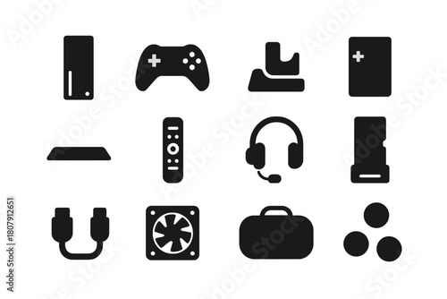 Console Accessories Icons. Console Accessories. Solid icon set of Console Accessories: console, gamepad, charging dock, battery pack, console stand, media