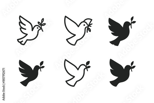 Peace Dove Icons. Symbolism in art and its meanings. Icon set. Set Logo of Dove: Symbol of peace. Stylized detail, Iconic shape, Minimal outline, Filled