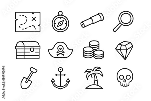Treasure Map Icons. Treasure map journey. Line icon set of treasure map journey: map, compass, telescope, magnifying glass, treasure chest, pirate hat, gold