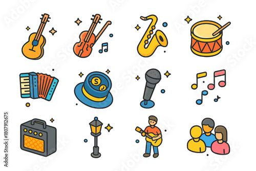 Busking Icon Isometric Set. Busking. Colorful isometric vector icons set of busking: guitar, violin, saxophone, drum, accordion, hat for tips, microphone,