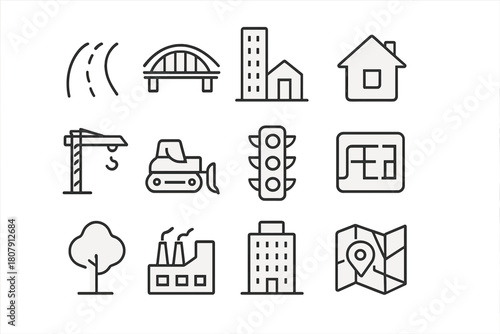 Infrastructure Growth Icons. Infrastructure growth. Line icon set of Infrastructure growth: road, bridge, skyscraper, house, construction crane, bulldozer,