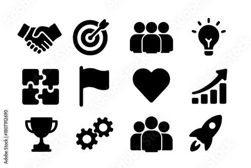 Shared Goals Icons. Shared goals. Solid icon set of shared goals: handshake, target, teamwork, lightbulb, puzzle pieces, flag, heart, chart growth, trophy,