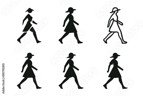 Fashion Motion Logos. model in motion. Icon set. Set Logo of model in motion: fashion stride captured mid-step. harmonious logo variations of the
