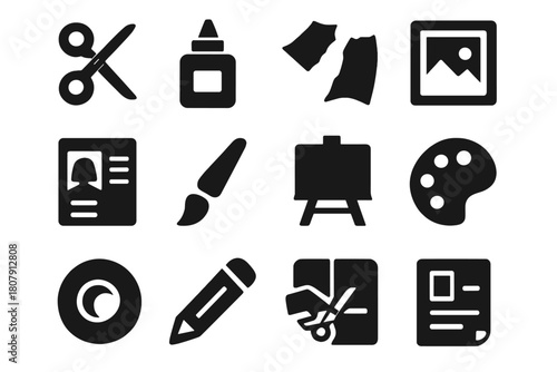 Art Supplies Icons. Collage. Solid icon set of Collage: scissors, glue bottle, paper scraps, photo frame, magazine cutout, paintbrush, art board, color
