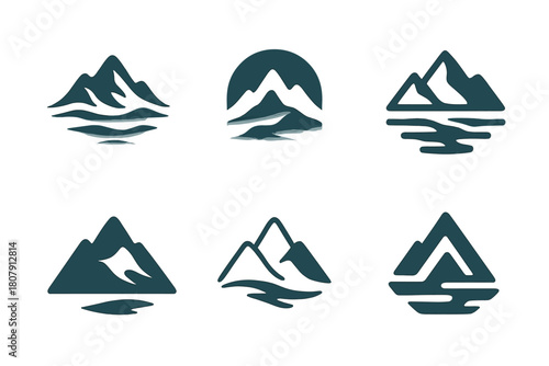 Mountain Logo Set. Distant Mountains. Icon set. Set Logo of Distant Mountains: Foggy mountain peaks. harmonious logo variations of the same emblematic concept,