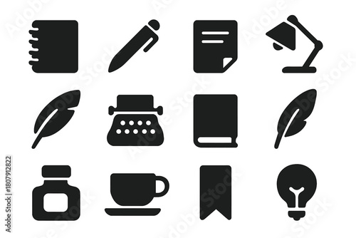 Creative Writing Icons. Creative writing. Line icon set of creative writing: open notebook, feather, ink bottle, lamp, paper sheets, clock, star, moon, candle,