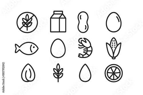 Allergen-Free Icon Set. Allergen-free ingredients. Line icon set of allergen-free ingredients: wheat-free sign, milk carton, peanut, soy bean, fish, egg,