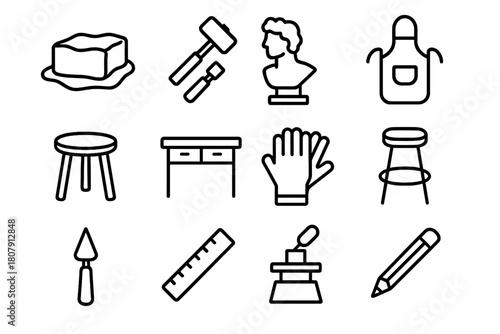 Sculpture Workshop Icons. Sculpture workshop. Line icon set of sculpture workshop: clay, chisel, hammer, sculpture, apron, stool, workbench, gloves, potter