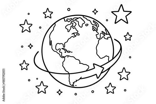 Earth's Rotation Coloring. Stars and Earth?s rotation children?s coloring book illustration, outlined drawing, a globe showing a curved arrow of rotation with
