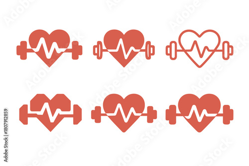Custom Fitness Icons. Personalized fitness equipment. Icon set. Set Logo of personalized fitness equipment: heart-rate dumbbell. harmonious logo variations of