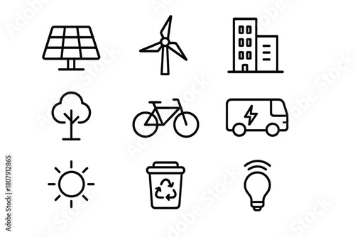 Sustainable City Icon Set. Sustainable city design. Line icon set of sustainable city design: green roof, solar panel, wind turbine, rainwater tank, recycling