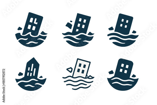Flooded Cities Logos. Flooded cities. Icon set. Set Logo of Flooded Cities: building tops emerging above flood waves. harmonious logo variations of the same