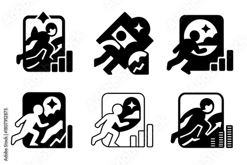 Imaginative Marketing Logos. escapism in marketing. Icon set. Set Logo of escapism in marketing: imaginative ad experience. harmonious logo variations of the