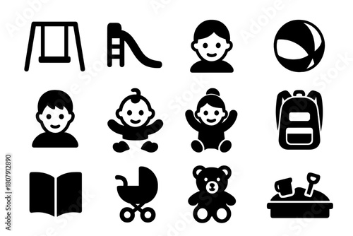 Playtime Icon Collection. Playtime. Solid icon set of Playtime: swing, slide, toy, ball, boy, girl, baby, backpack, school book, stroller, teddy bear, sandbox.