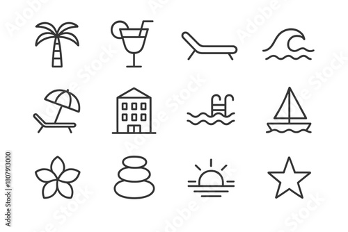 Luxury Resort Icons. Luxury Resorts. Line icon set of Luxury Resorts: palm tree, cocktail glass, sunbed, ocean wave, parasol, hotel building, pool, sailboat,