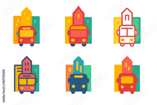 Urban Motion Logos. Vibrant city life. Icon set. Set Logo of vibrant city life: public transport symbolizing urban motion. harmonious logo variations of the