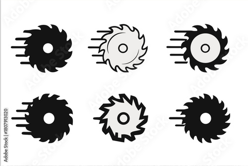 Power Saw Logos. Power saw blade. Icon set. Set Logo of Power Saw Blade: blade combined with electric motor symbol. harmonious logo variations of the same