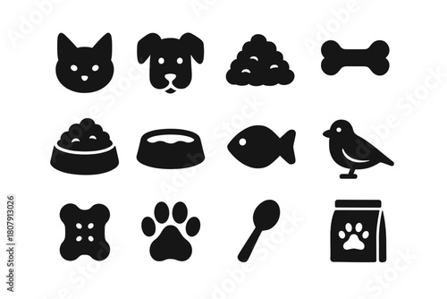 Pet Feeding Icons. Feeding routine. Solid icon set of Feeding routine: cat, dog, kibble, bone, food bowl, water bowl, fish, bird, treat, paw print, spoon, pet