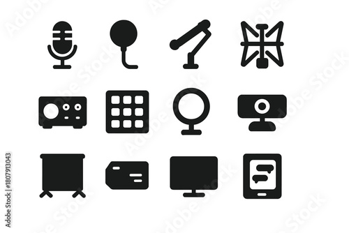Streaming Gear Icons. Streaming Setup. Solid icon set of Streaming Setup: microphone, pop filter, boom arm, shock mount, audio interface, stream deck, ring