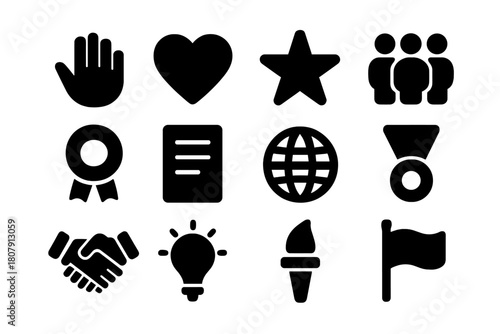 Volunteer Achievements Icons. Volunteer achievements. Solid icon set of volunteer achievements: hand, heart, star, people group, ribbon, document, globe,