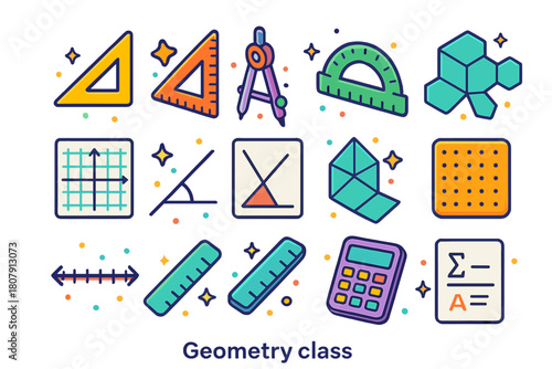 Colorful Geometry Icons. Geometry class. Colorful isometric vector icons set of Geometry class: right triangle, set square, compass, protractor, coordinate