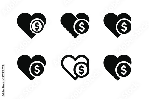Family Budgeting Logos. Family budgeting. Icon set. Set Logo of family budgeting: heart-shaped coin combining love and savings. harmonious logo variations of