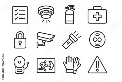 Home Safety Icons. Home safety tools. Line icon set of Home safety tools: smoke detector, fire extinguisher, first aid kit, lock, security camera, flashlight,