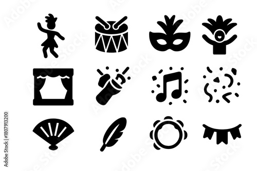 Festival Line Icons. Festival Atmosphere. Line icon set of Festival Atmosphere: tent, lantern, flag string, bonfire, food stall, people crowd, drum, guitar,